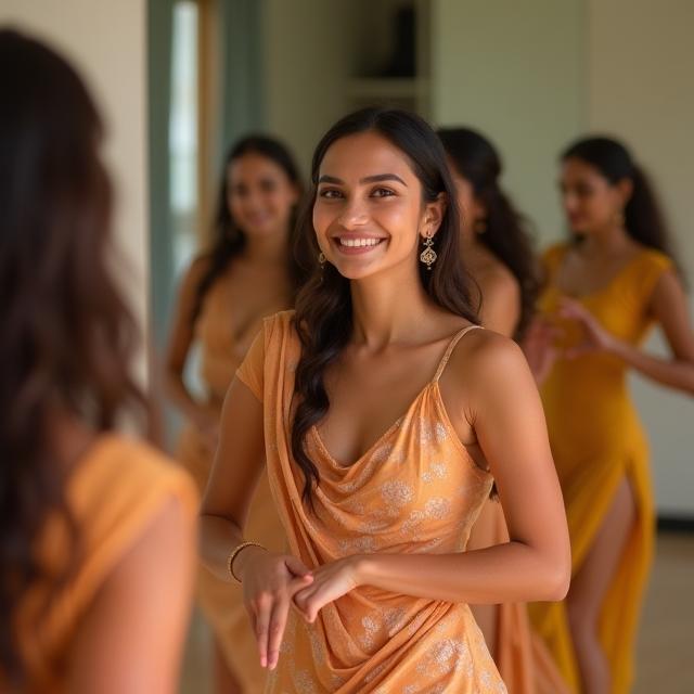 Beginner class smiling in mirror